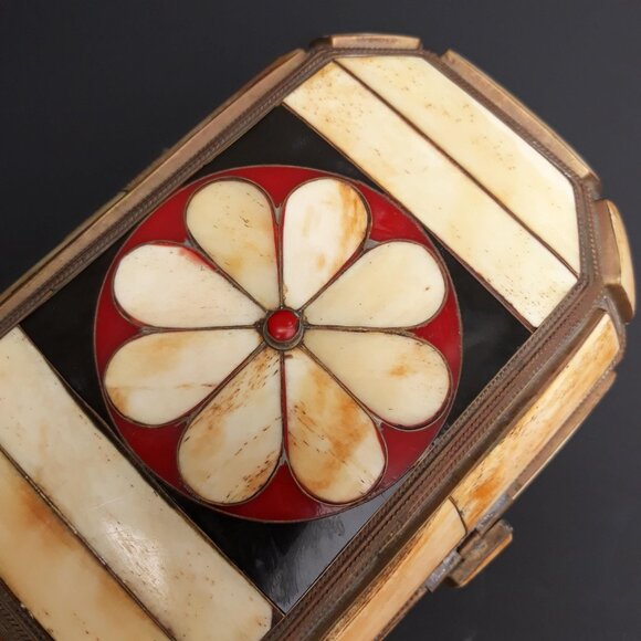 Moroccan Inlaid Bone and Brass Lidded Trinket or Jewelry Box - Picture 2 of 9
